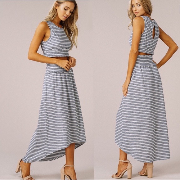 SALE! Striped Crop Top Midi High Low Skirt Set - Picture 2 of 4